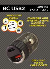 Caricabatteria USB Doppio (1 USB TIpo A 2,1 Amp+1 USB-C)