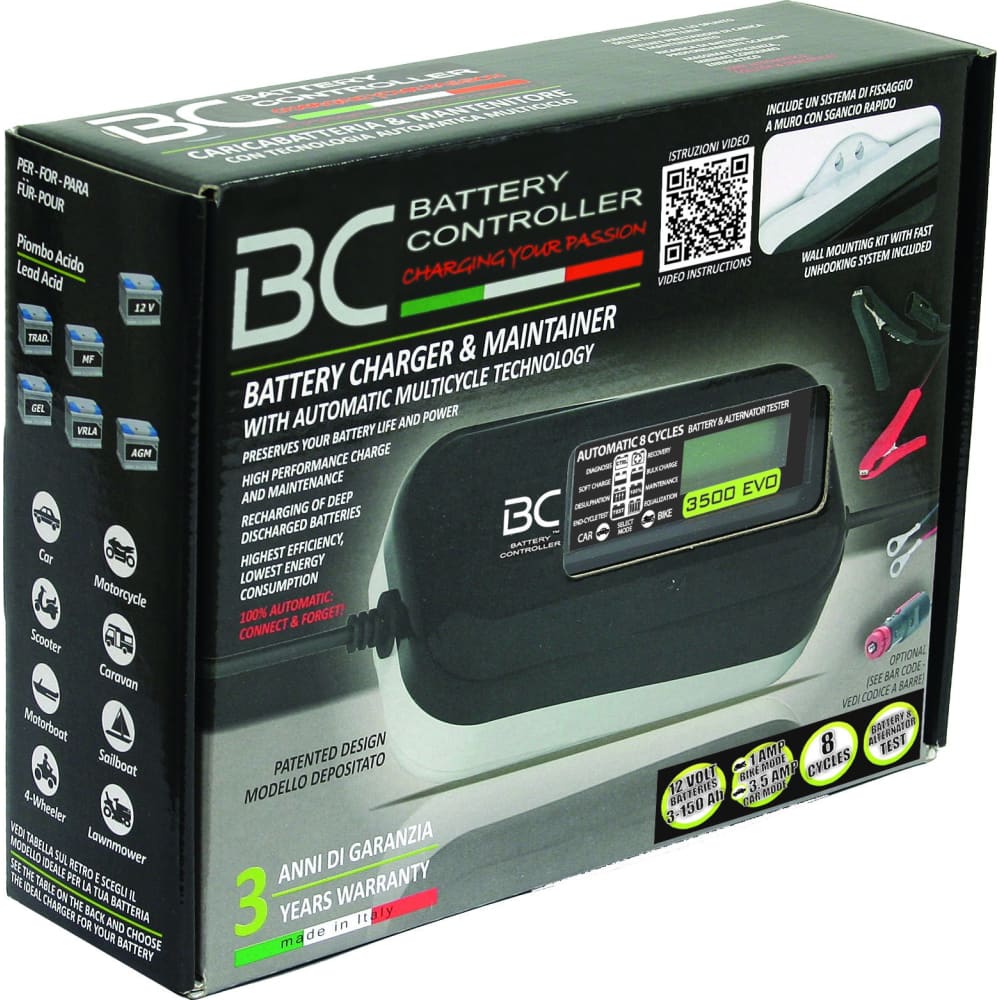 BC 3500 EVO DESIGN, 3.5 Amp / 1 Amp, Caricabatteria e Mantenitore Digitale/LCD, Tester di Batteria e Alternatore per tutte le batterie Auto e Moto 12V Piombo-Acido - BC Battery Italian Official Website