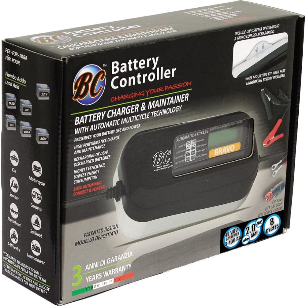 BC BRAVO 2000 DESIGN , 2 Amp, Caricabatteria e Mantenitore Digitale/LCD, Tester di Batteria e Alternatore per tutte le Batterie Auto e Moto 12V Piombo-Acido - BC Battery Italian Official Website