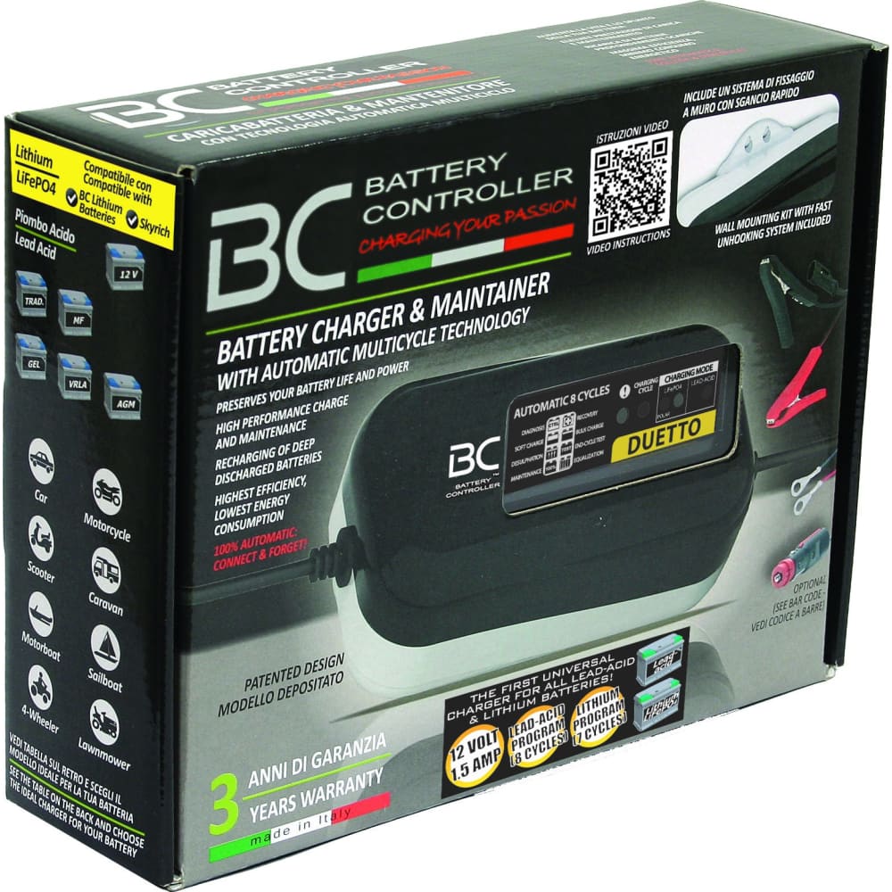 BC DUETTO 1500 DESIGN 1,5 Amp - Caricabatteria 12V per batterie piombo/acido e litio LiFePo4 - BC Battery Italian Official Website